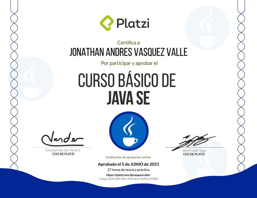 Diploma del Curso Básico de Java SE 2018