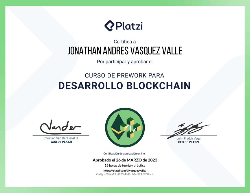 Diploma del Curso de Prework para Desarrollo de Aplicaciones Blockchain