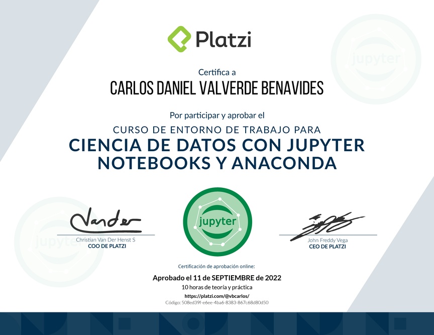 Diploma del Curso de Entorno de Trabajo para Ciencia de Datos con Jupyter Notebooks y Anaconda
