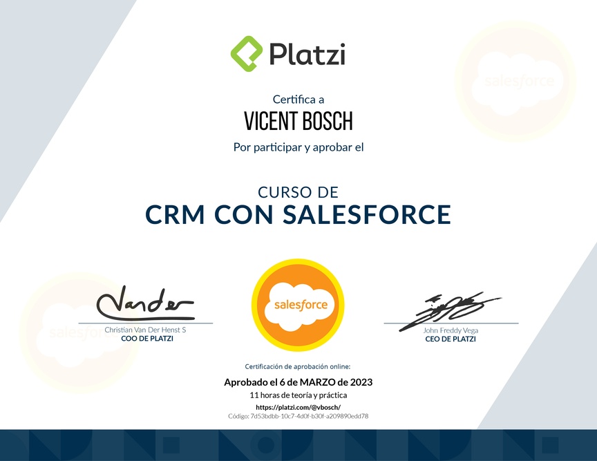 Diploma del Curso de CRM con Salesforce