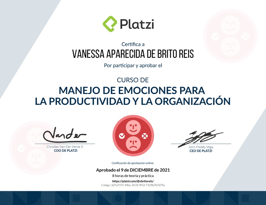 Diploma del Curso de Manejo de Emociones para la Productividad y la Organización