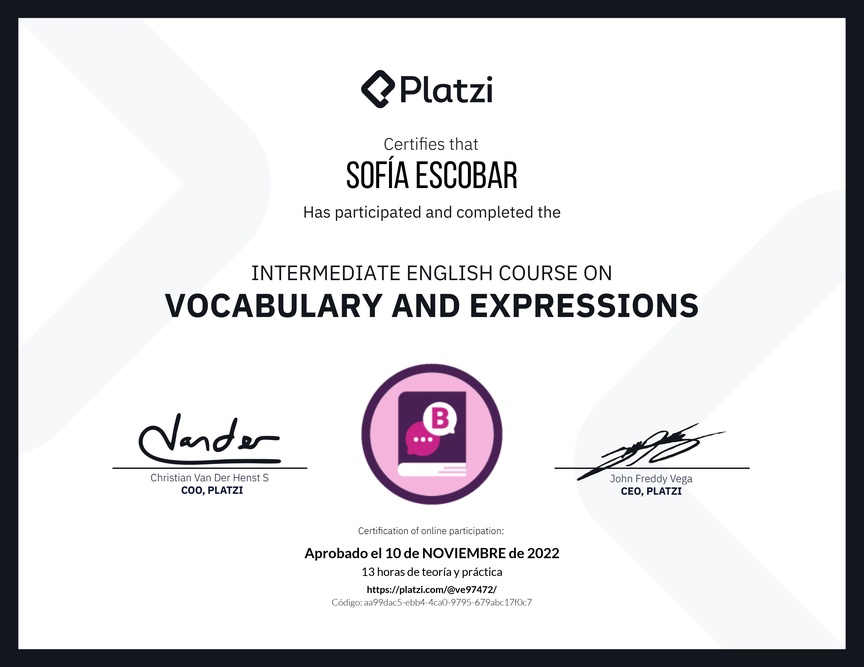 Diploma del Curso Intermedio de Vocabulario y Expresiones en Inglés