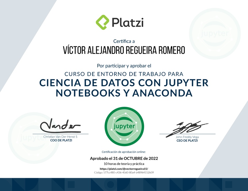 Diploma del Curso de Entorno de Trabajo para Ciencia de Datos con Jupyter Notebooks y Anaconda