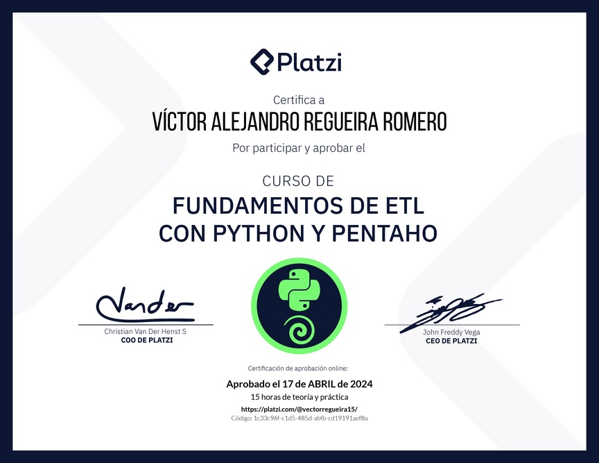 Diploma del Curso de Fundamentos de ETL con Python y Pentaho
