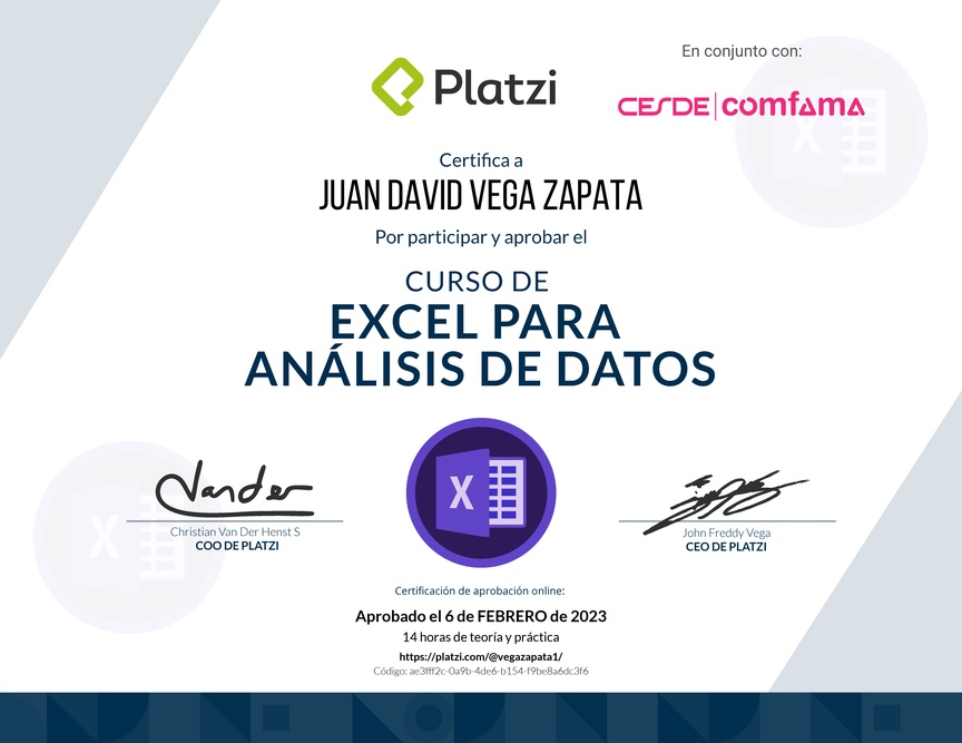 Diploma del Curso de Excel para el Análisis de Datos
