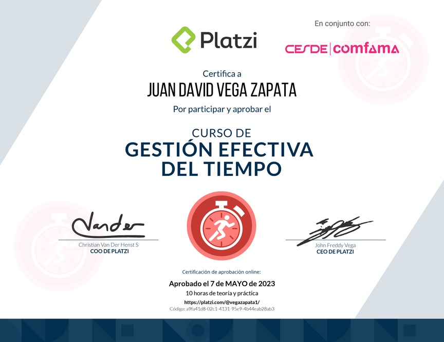 Diploma del Curso de Gestión Efectiva del Tiempo