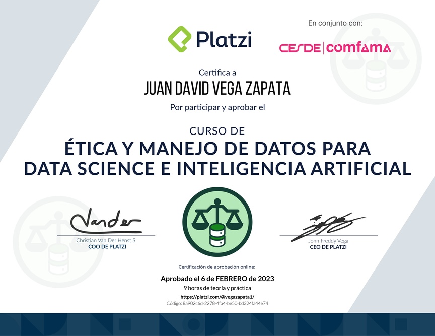 Diploma del Curso de Ética y Manejo de Datos para Data Science e Inteligencia Artificial