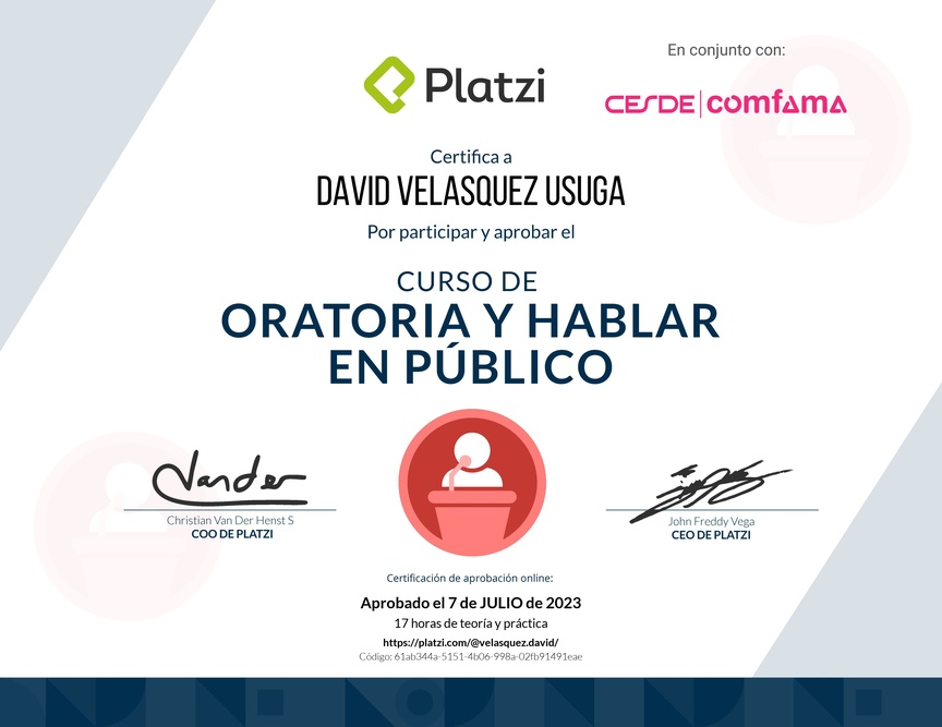 Diploma del Curso de Oratoria para Hablar en Público