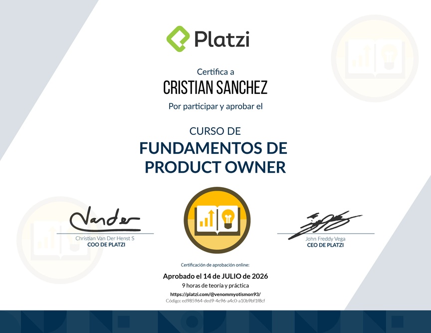 Diploma del Curso de Fundamentos de Product Owner
