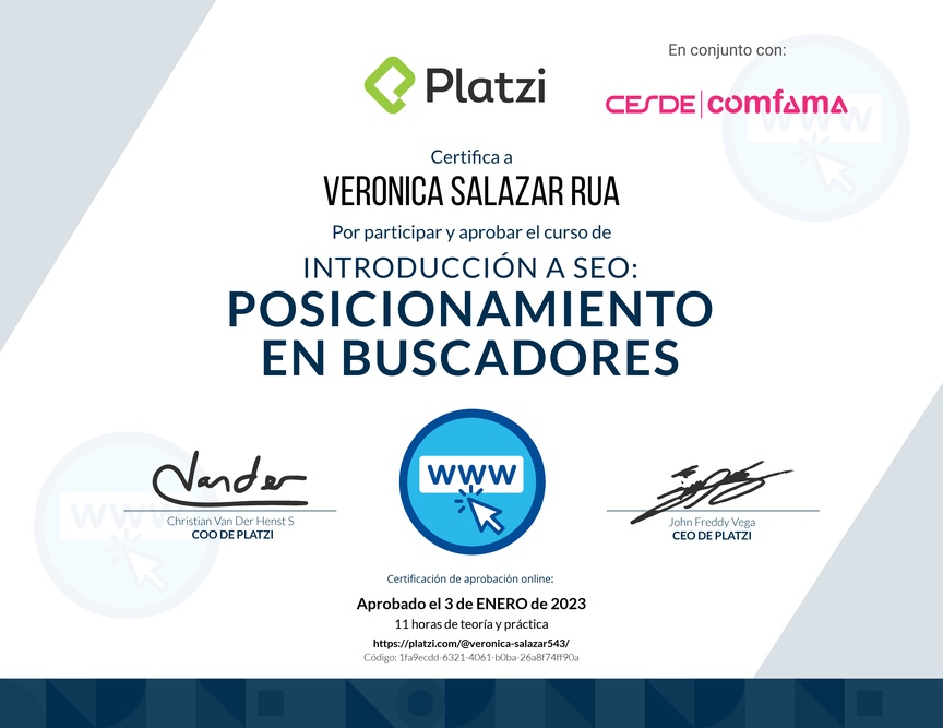 Diploma del Curso de Introducción a SEO: Posicionamiento en Buscadores