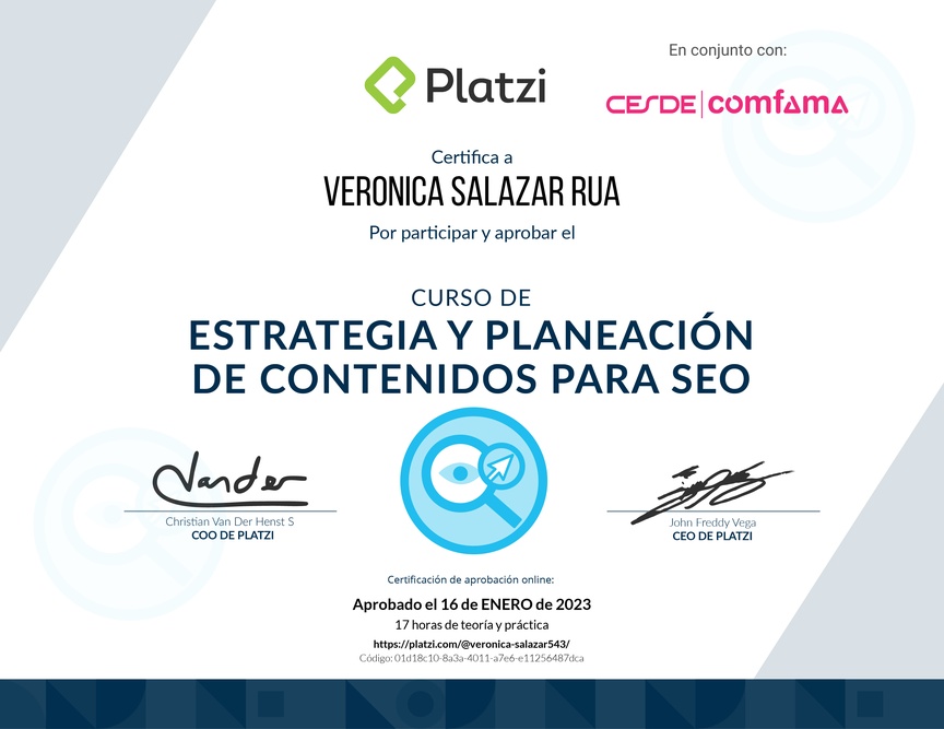 Diploma del Curso de Estrategia y Planeación de Contenidos para SEO (2020)