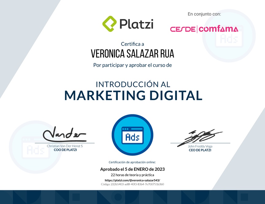 Diploma del Curso de Introducción al Marketing Digital (2022)