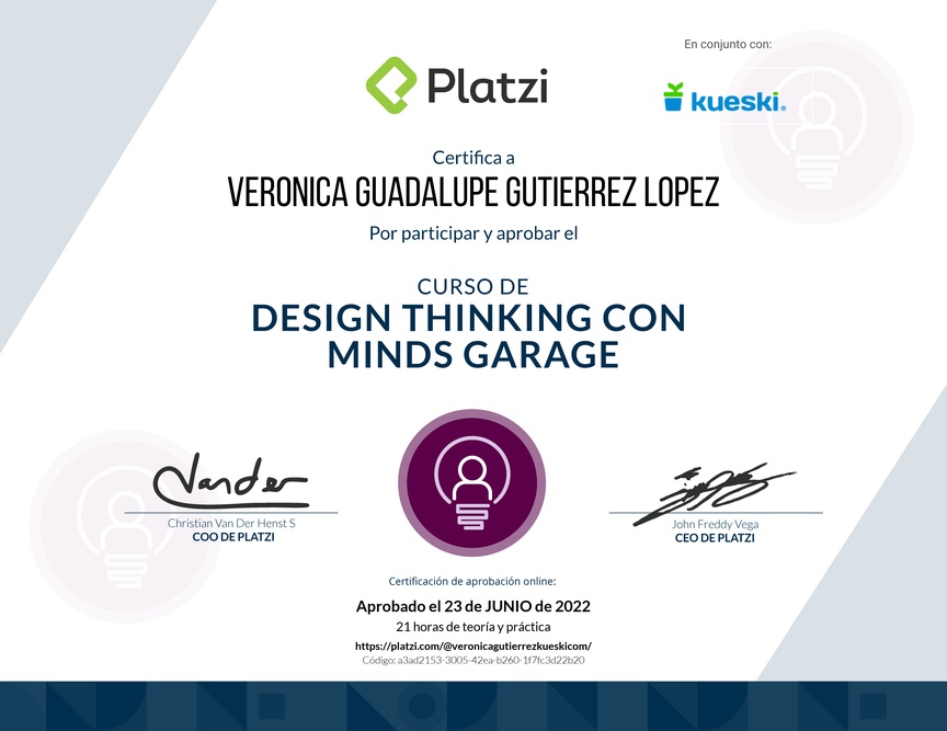 Diploma del Curso de Design Thinking con Minds Garage