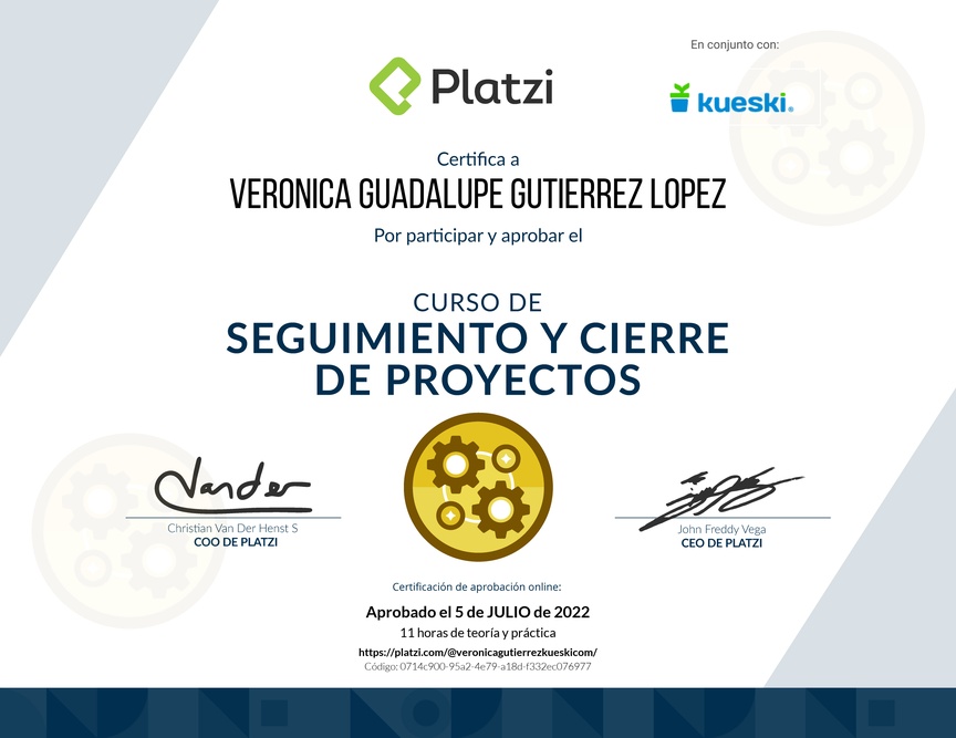 Diploma del Curso de Seguimiento y Cierre de Proyectos