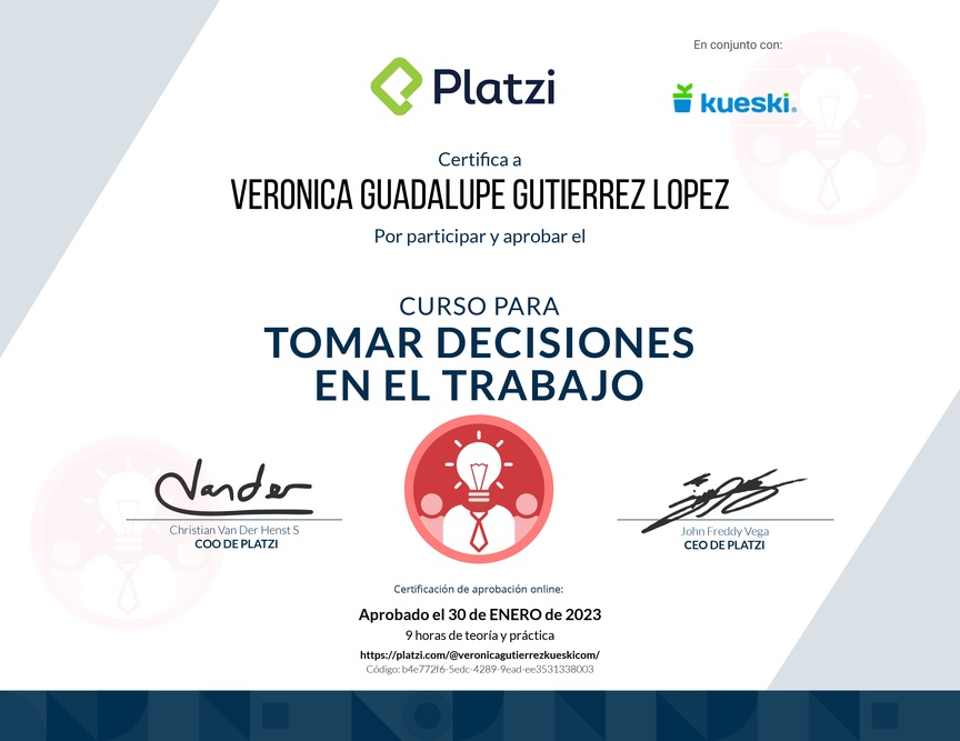 Diploma del Curso para Tomar Decisiones en el Trabajo