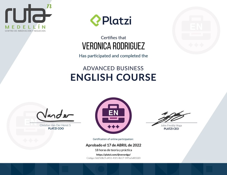 Diploma del Curso Avanzado de Inglés para el Trabajo 2020