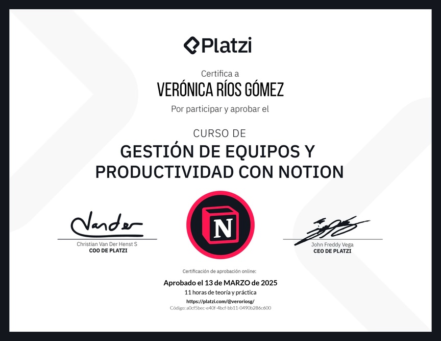 Diploma del Curso de Gestión de Equipos y Productividad con Notion