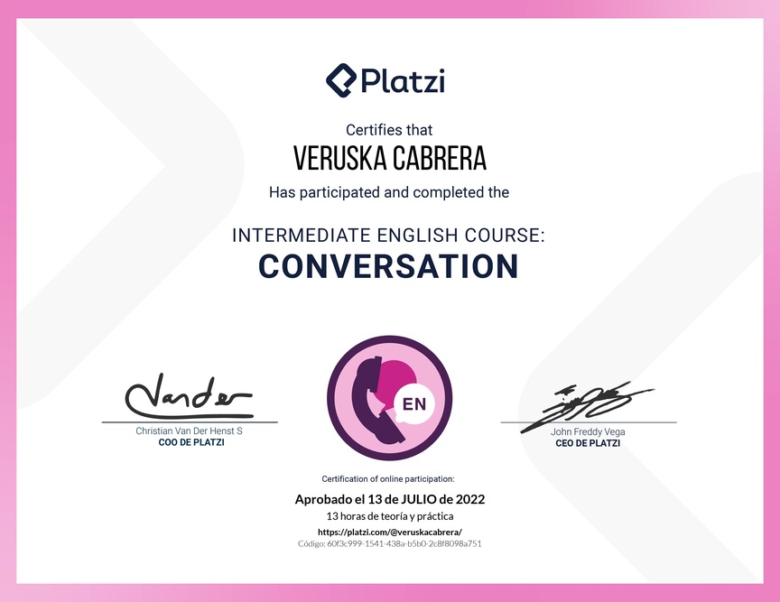 Diploma del Curso de Inglés Intermedio: Conversación 2020