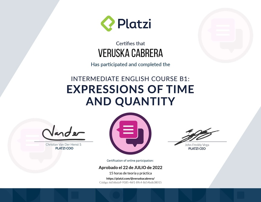 Diploma del Curso de Inglés Intermedio: Expresiones de Tiempo y Cantidad 2021