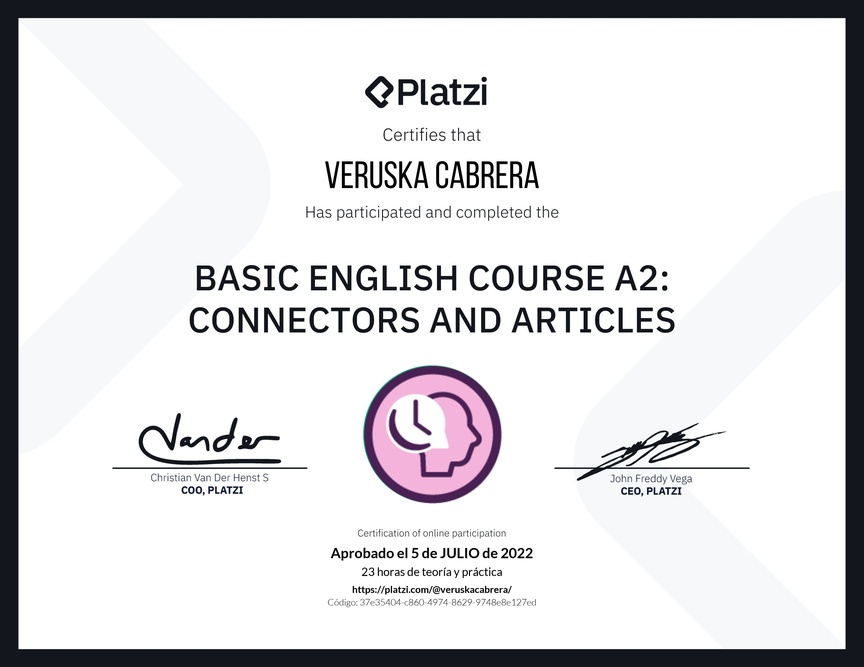 Diploma del Curso de Inglés Básico A2: Conectores y Artículos