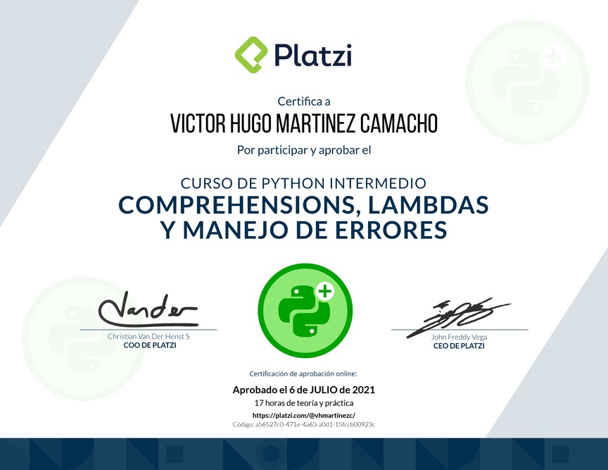 Diploma del Curso de Python Intermedio: Comprehensions, Lambdas y Manejo de Errores