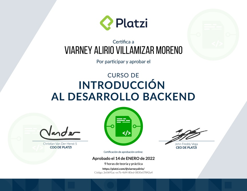 Diploma del Curso de Introducción al Desarrollo Backend