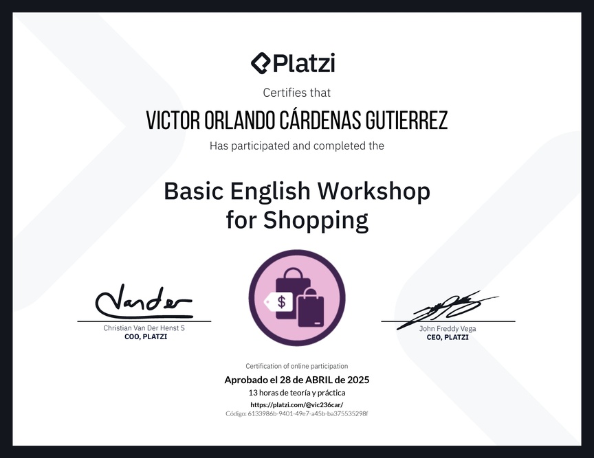 Diploma del Curso de Inglés Práctico para Compras