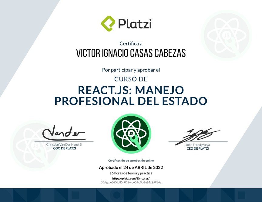 Diploma del Curso de React.js: Manejo Profesional del Estado