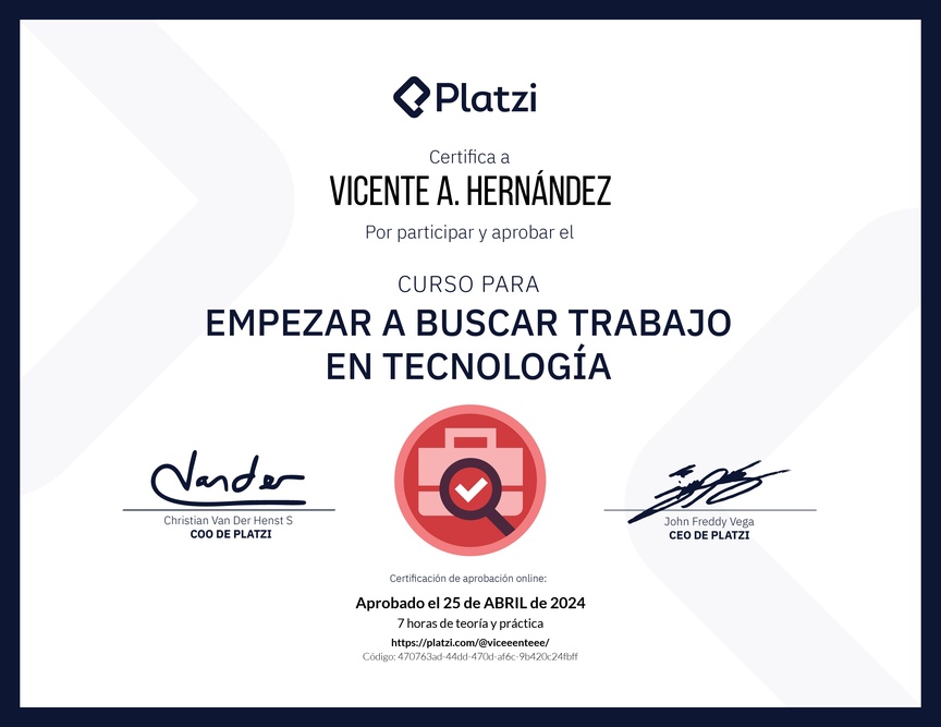 Diploma del Curso para Empezar a Buscar Trabajo en Tecnología