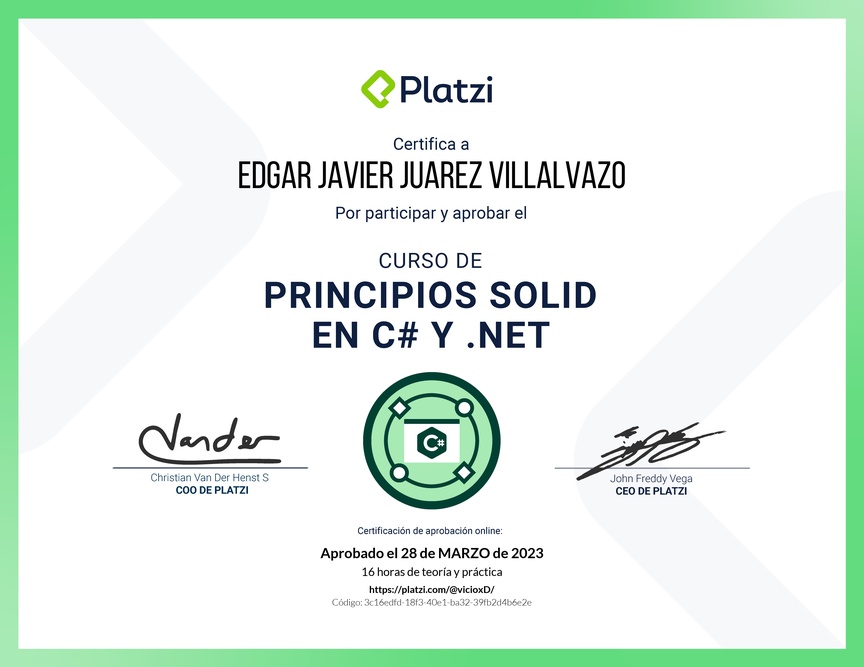 Diploma del Curso de Principios SOLID en C# y .NET