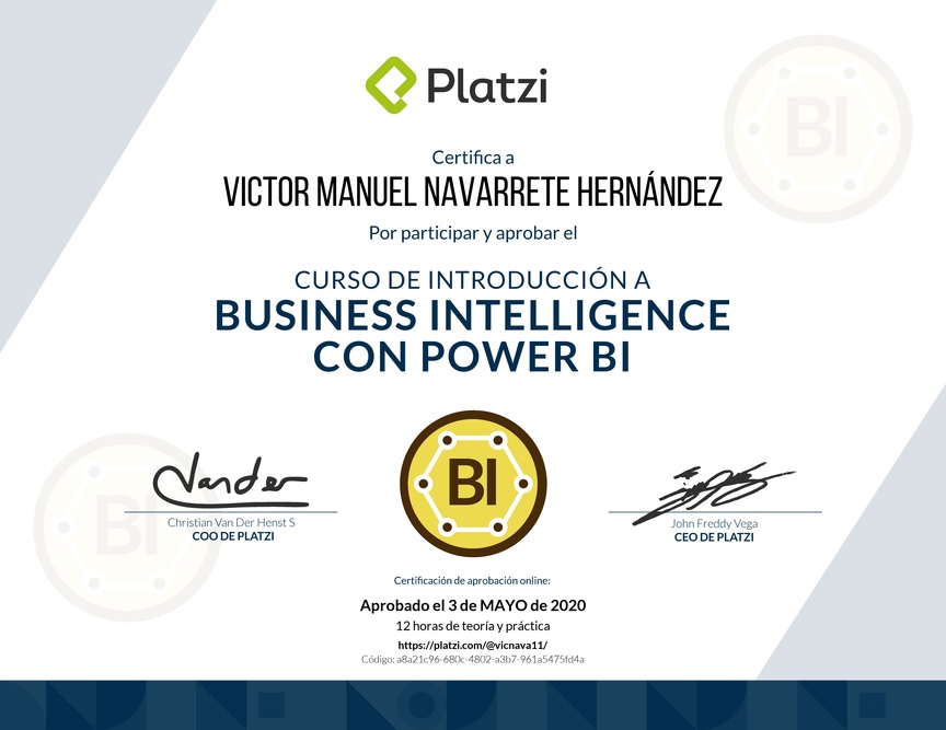 Diploma del Curso de Introducción a Business Intelligence con Power BI