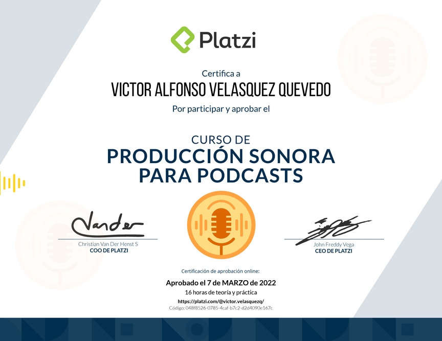 Diploma del Curso de Producción Sonora para Podcasts
