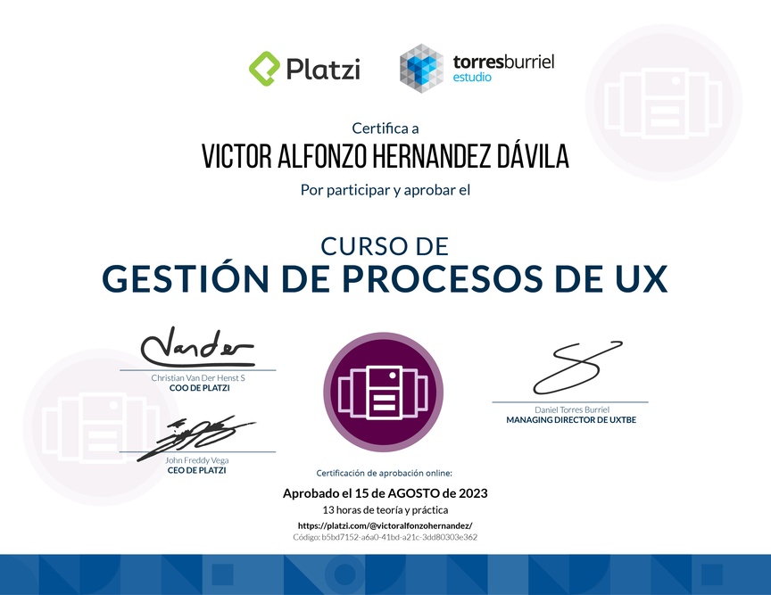 Diploma del Curso de Gestión de Procesos UX