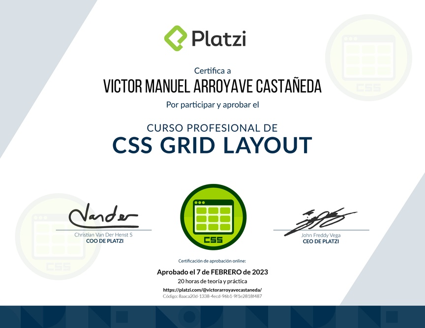 Diploma del Curso Profesional de CSS Grid Layout