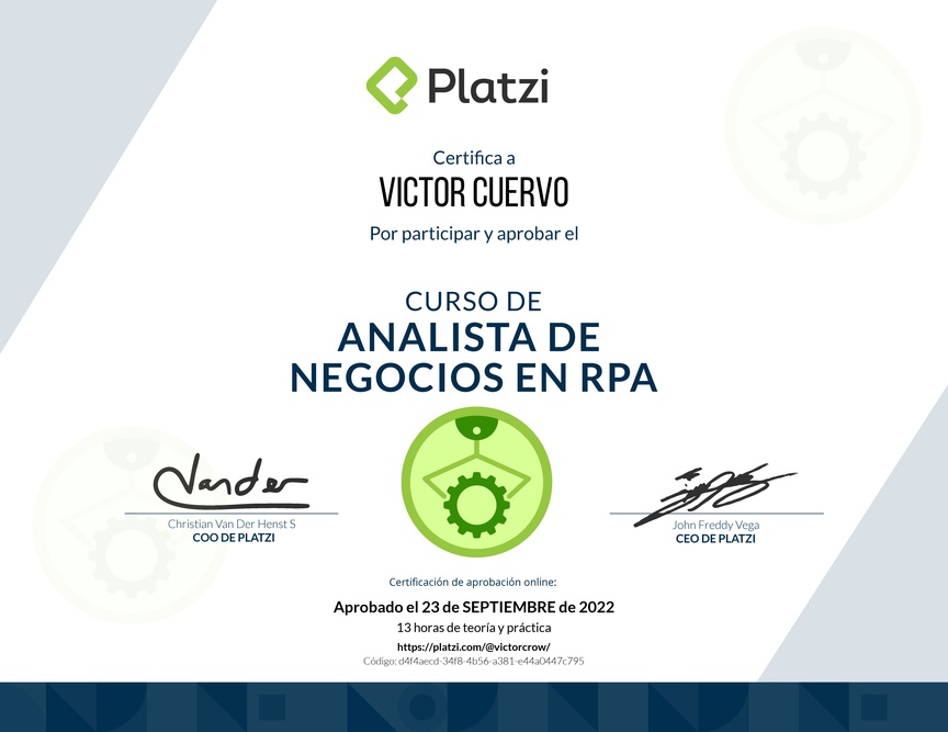 Diploma del Curso de Business Analyst para RPA