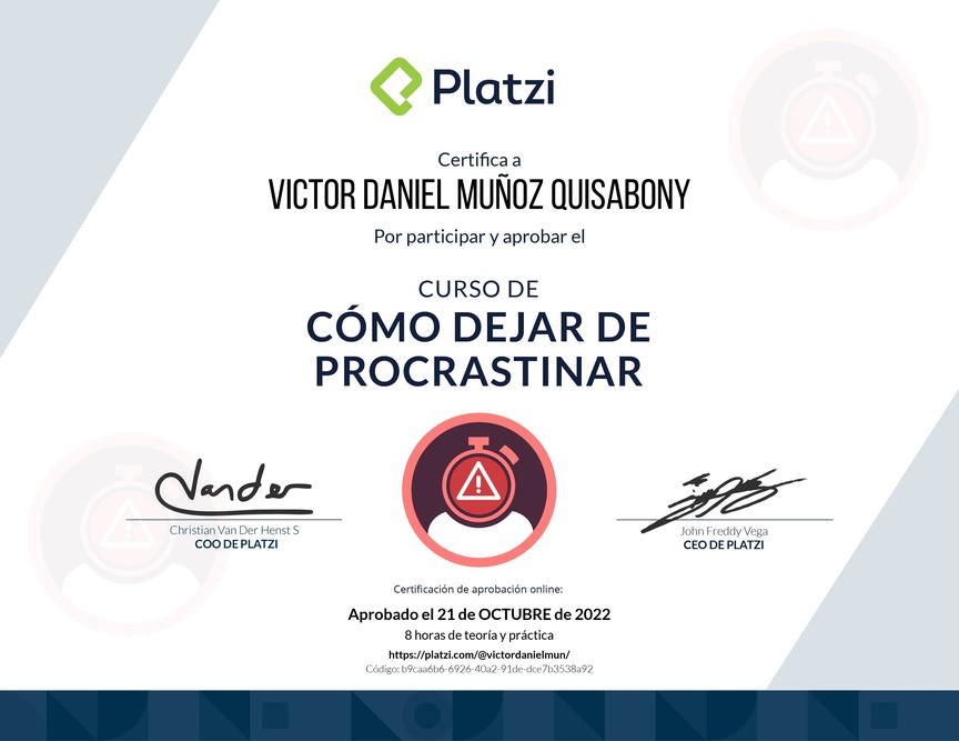 Diploma del Curso de Cómo Dejar de Procrastinar