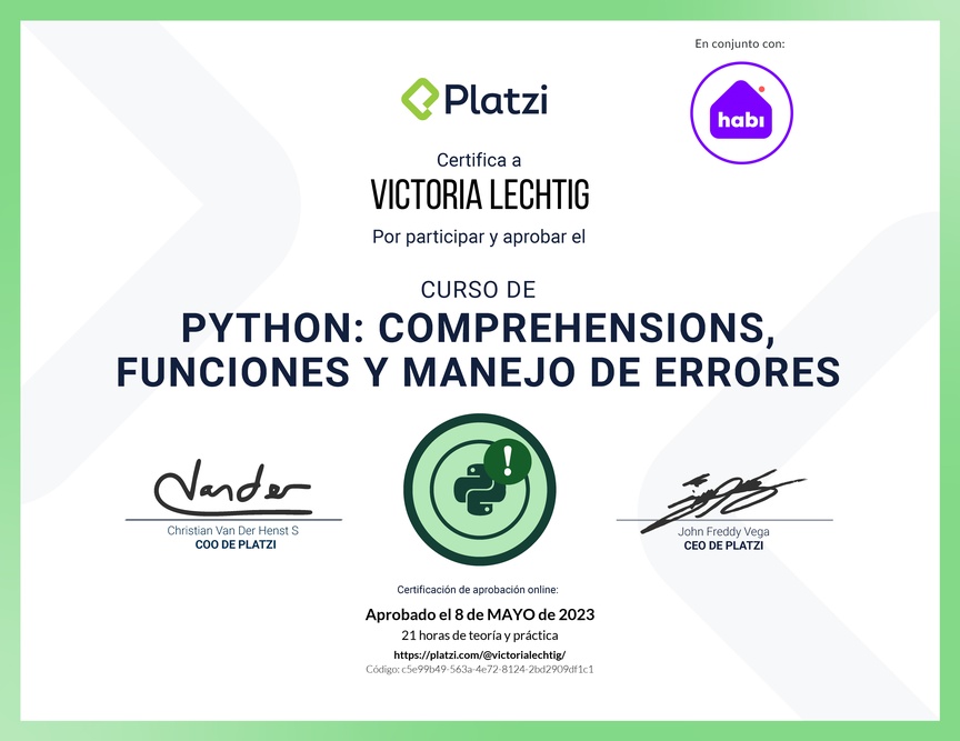 Diploma del Curso de Python: Comprehensions, Funciones y Manejo de Errores