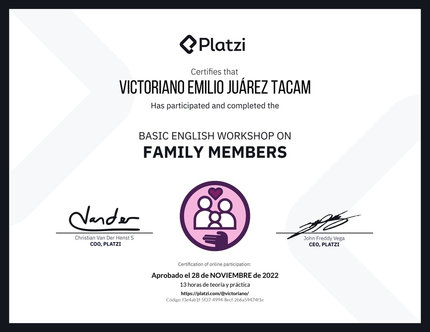 Diploma del Curso de Inglés Práctico sobre los Miembros de la Familia