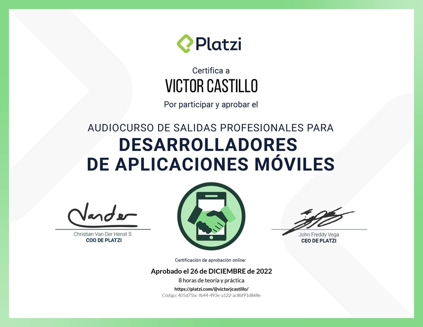 Diploma de Audiocurso de Salidas Profesionales para Desarrolladores de Aplicaciones Móviles 2022