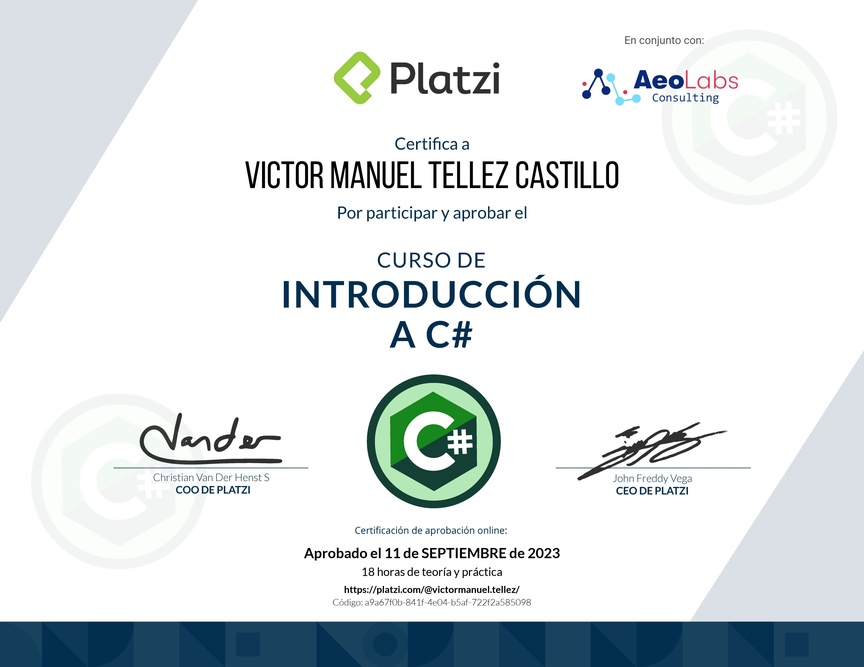Diploma del Curso de Introducción a C# con .NET 3.1