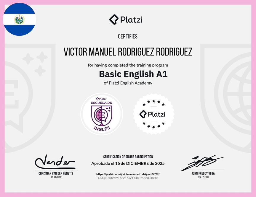 Diploma de la Ruta de Aprendizaje de Inglés Básico A1