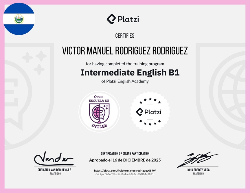 Diploma de la Ruta de Aprendizaje de Inglés Intermedio B1