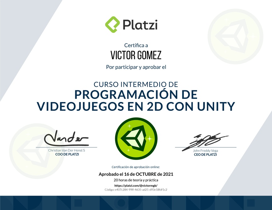 Diploma del Curso de Programación 2D con Unity: Intermedio