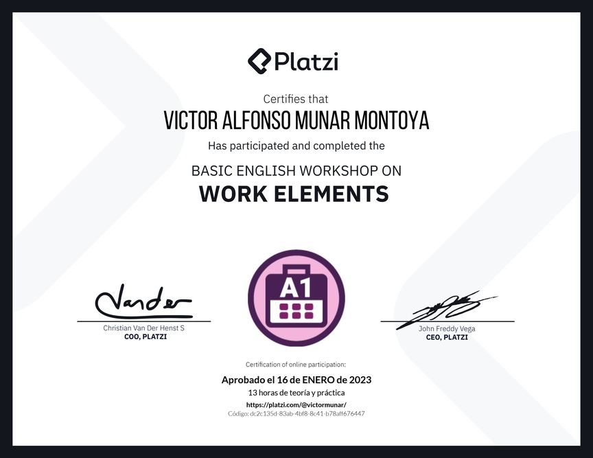 Diploma del Curso de Inglés Práctico sobre Elementos de Trabajo