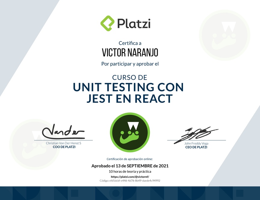 Diploma del Curso de Unit Testing con Jest en React