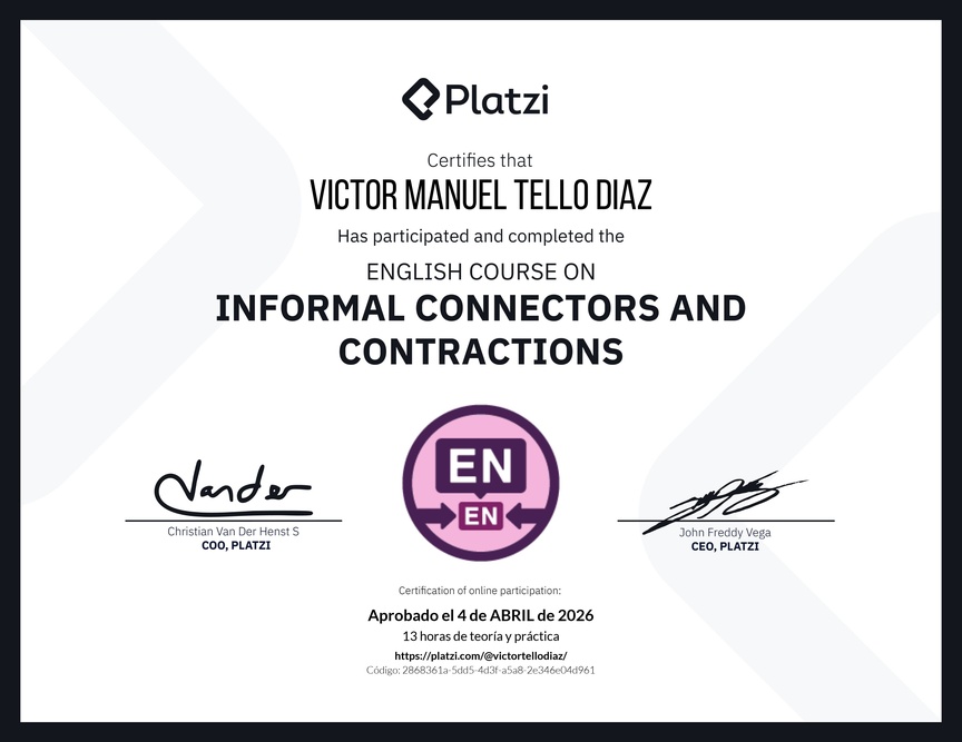 Diploma del Curso de Conectores y Contracciones Informales en Inglés