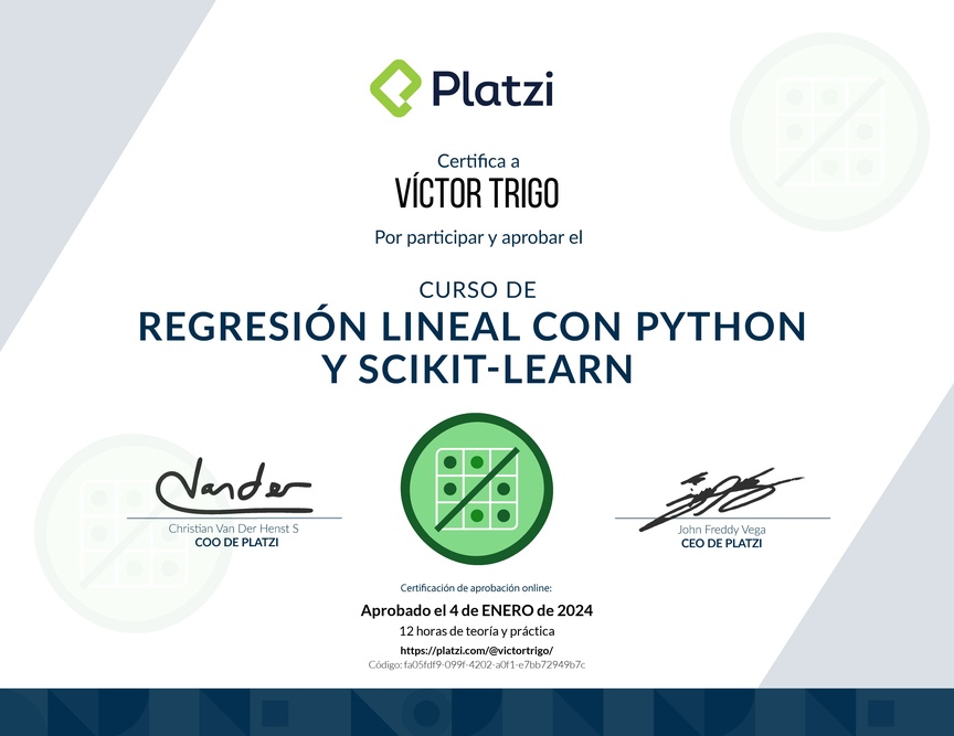 Diploma del Curso de Regresión Lineal con Python y scikit-learn