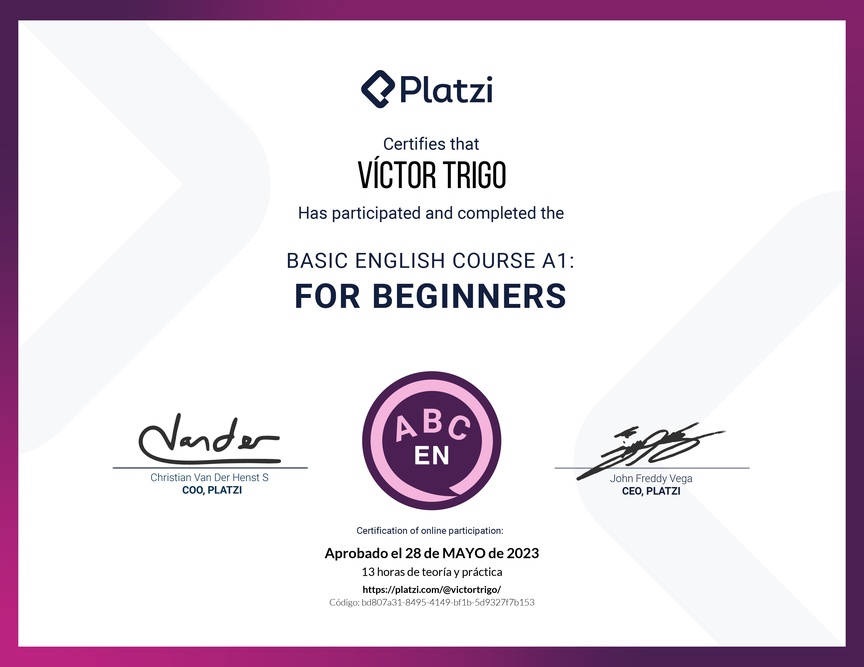 Diploma del Curso de Inglés Básico para Principiantes - (2022)