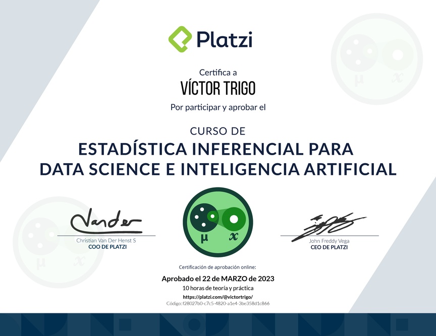 Diploma del Curso de Estadística Inferencial para Data Science e Inteligencia Artificial