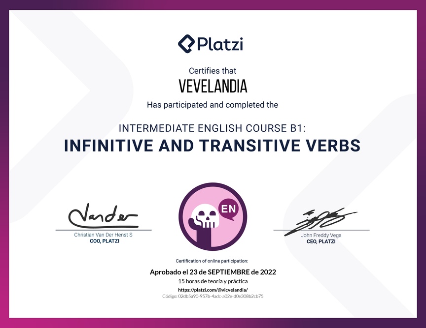 Diploma del Curso de Inglés Intermedio B1: Verbos Infinitivos y Transitivos (2021)